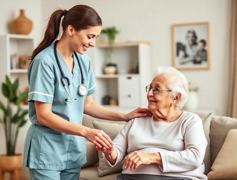 A friendly caregiver holding the hand of an elderly woman.