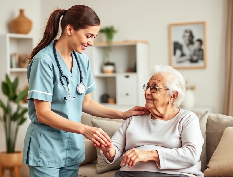 A friendly caregiver holding the hand of an elderly woman.