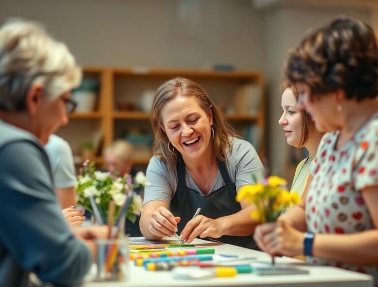 A friendly support worker assists a client with a disability during an art session.