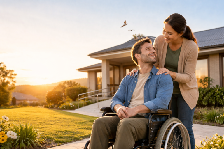 a woman laughin with a man who are sitting down in wheelchair