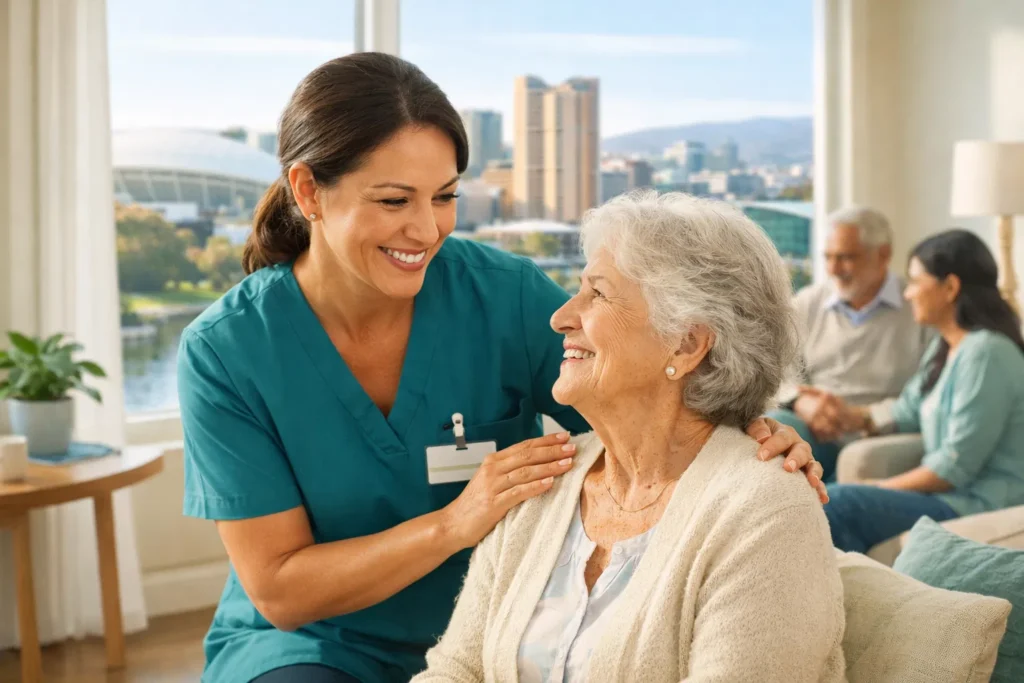 A caring support worker providing personal care to an elderly client at home.
