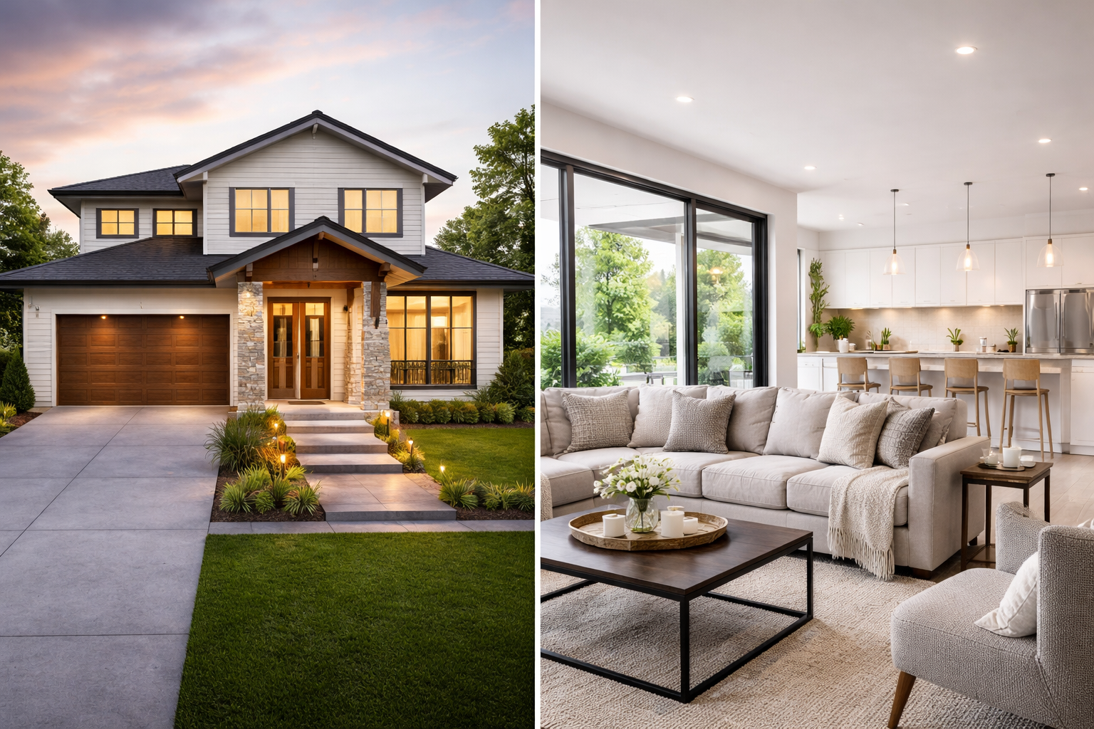 A welcoming modern home exterior and comfortable interior living space.