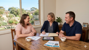 A friendly, collaborative photo of an NDIS participant, her support worker, and an assessor discussing documents during an NDIS Support Needs Assessment meeting in a sunlit South Australian home.