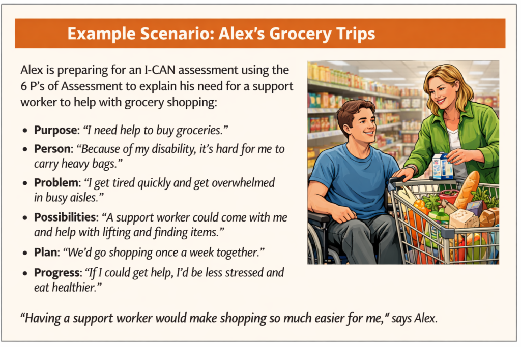 Illustration of Alex, a wheelchair user, shopping in a grocery store with a support worker, showing how he explains his needs using the 6 P’s of NDIS support needs assessment