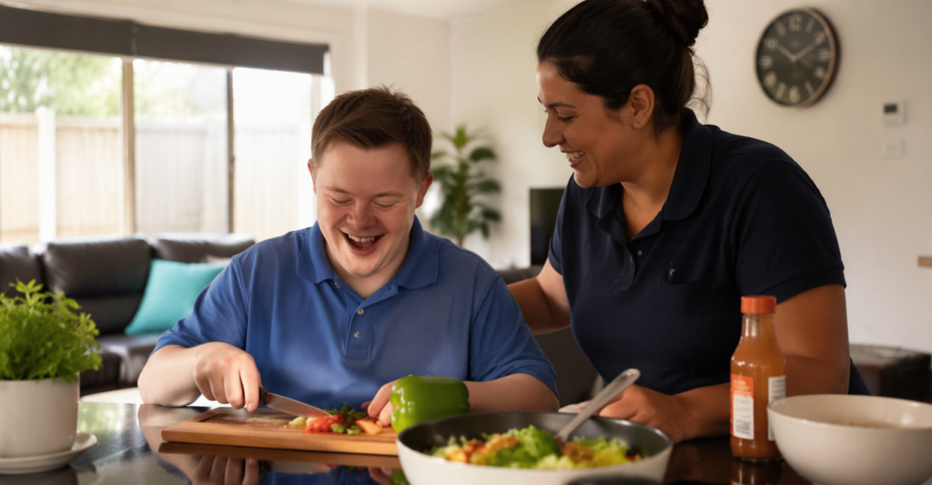 A young adult enjoying Supported Independent Living (SIL) in Adelaide with a support worker.