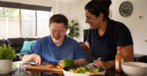 A young adult enjoying Supported Independent Living (SIL) in Adelaide with a support worker.