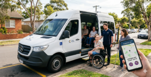 An NDIS disabled participant smiling while getting into a specialized car, representing easy NDIS funding for transport solutions for Australians on a suburban street.
