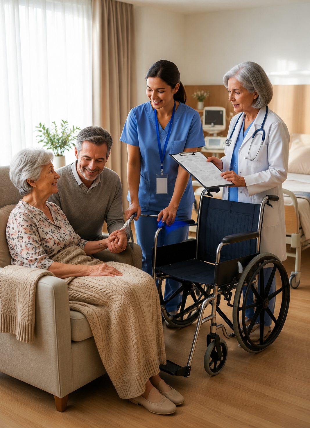 Healthcare professional assisting patient with palliative care and hospital discharge support