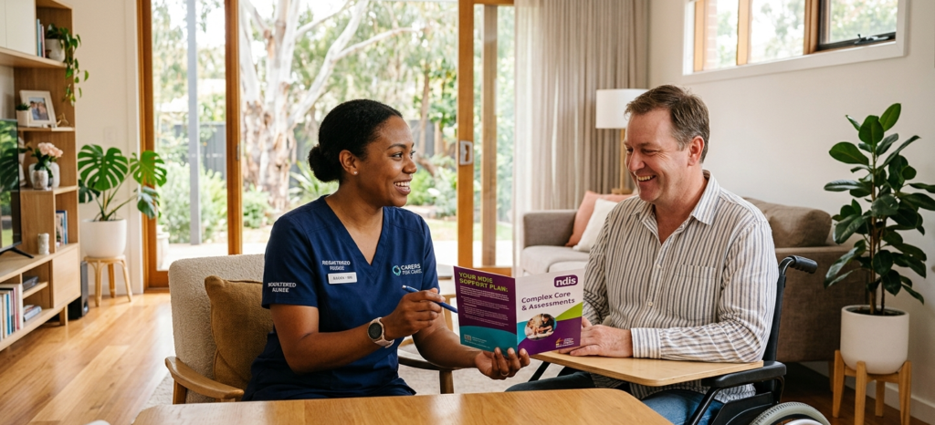 Professional NDIS nursing assessment being conducted in a home setting for complex care planning.