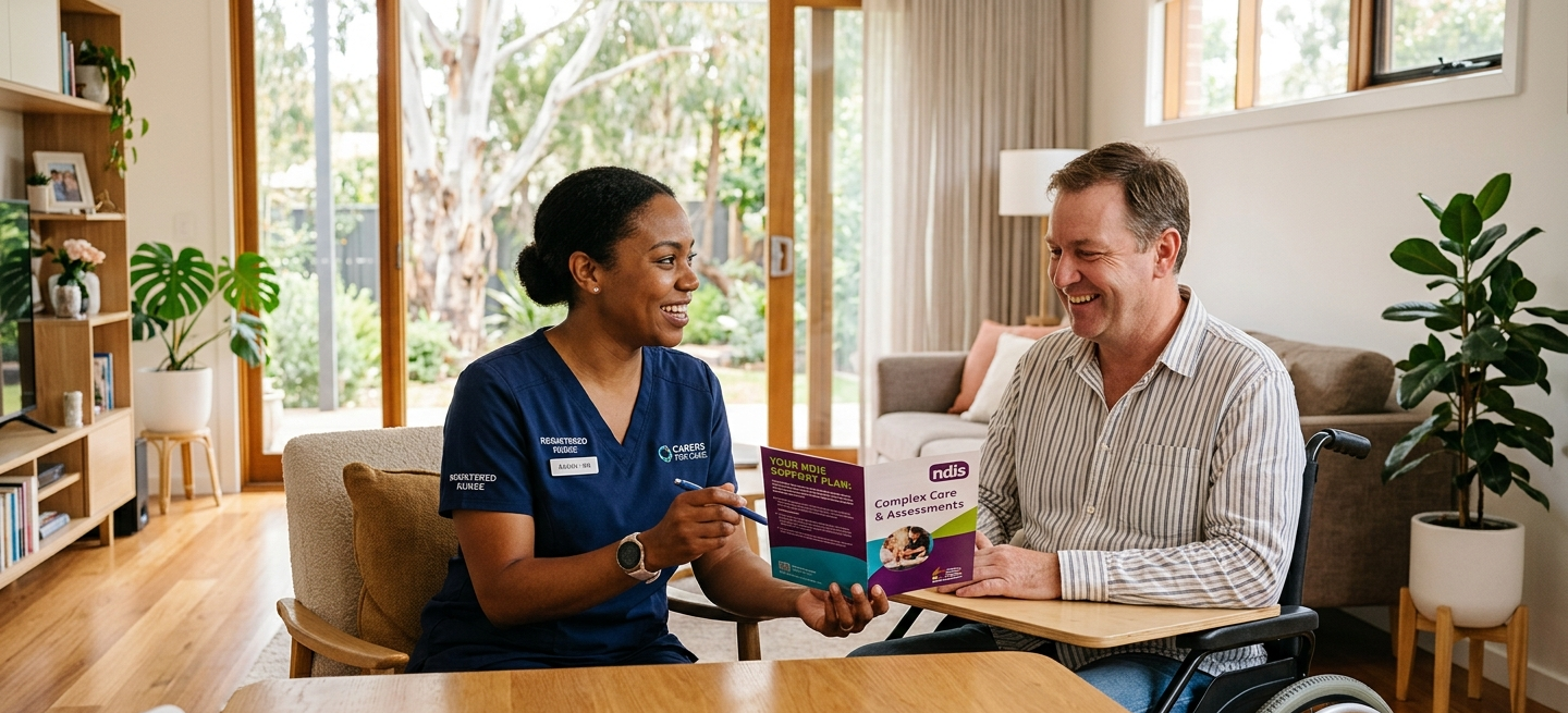 Professional NDIS nursing assessment being conducted in a home setting for complex care planning.
