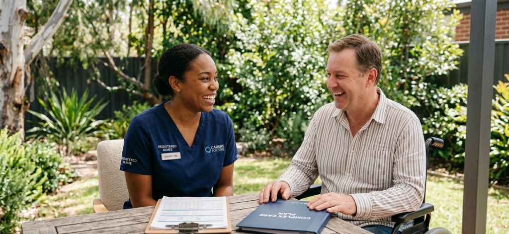 A collaborative ndis planning meeting involving nurses and family to coordinate healthcare services.