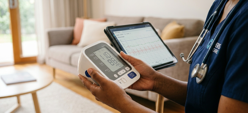 A nurse performing a physical assessment nursing check to monitor the health of an NDIS participant.
