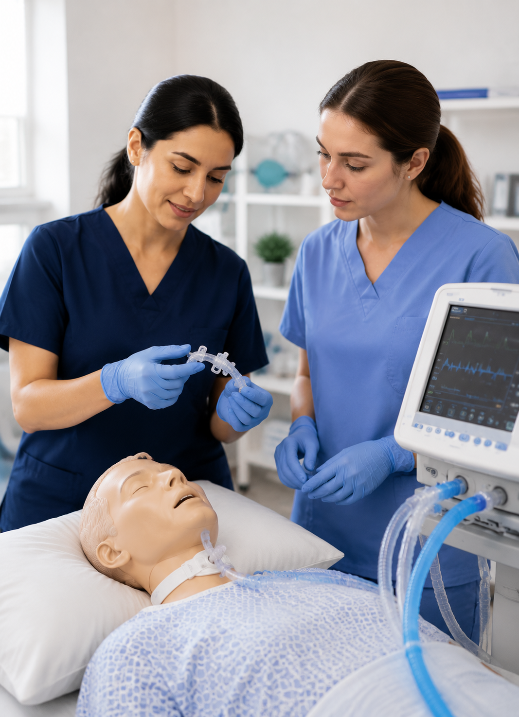 Nurses practicing home ventilator epilepsy and tracheostomy management training on a mannequin