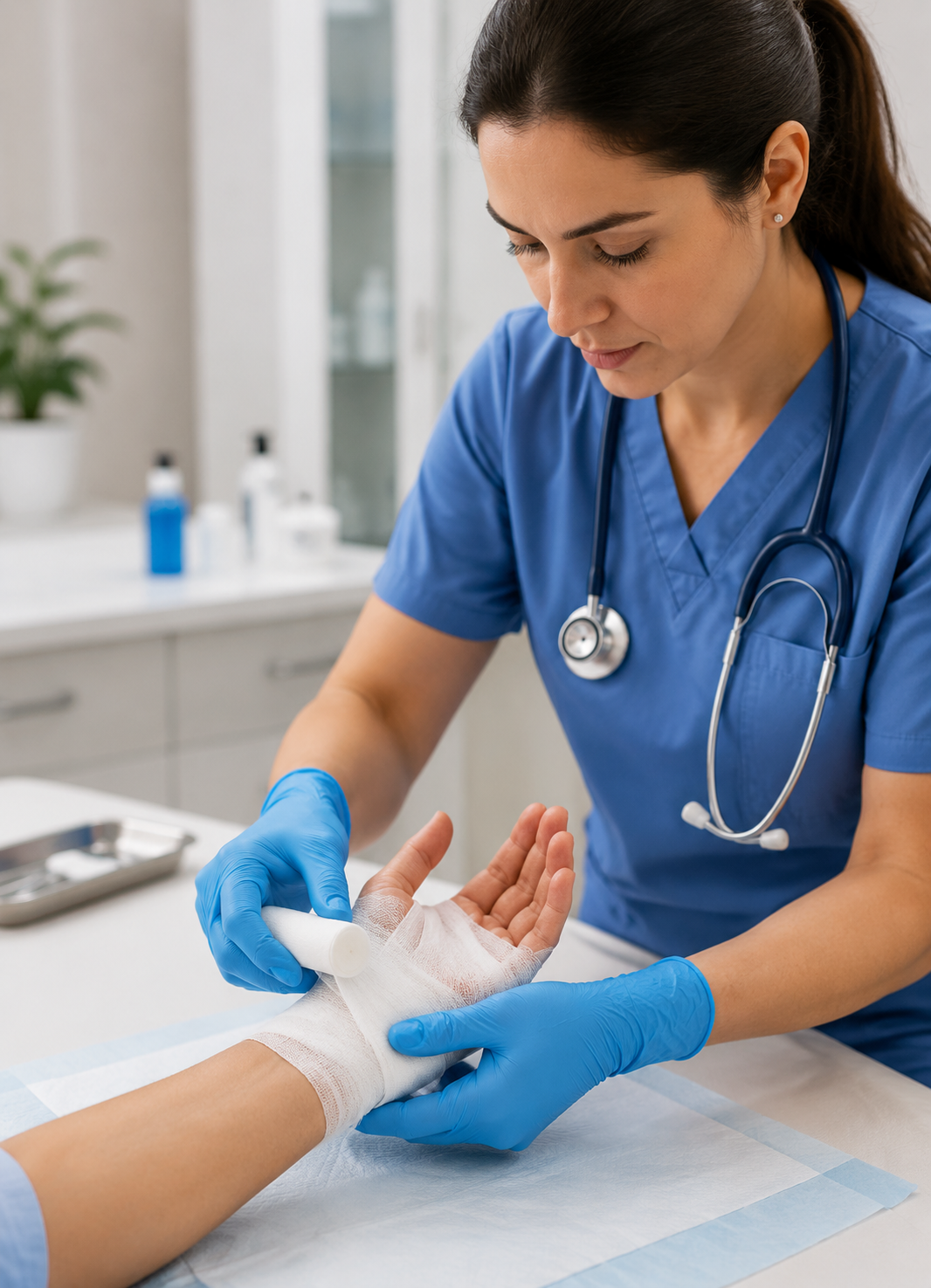 Nurse performing a complex wound care assessment