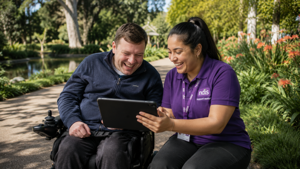 A participant and worker discussing ndis plan support goals outdoors.