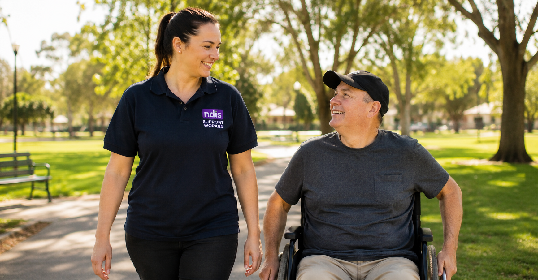 An NDIS support worker supporting a participant during a weekday community access outing