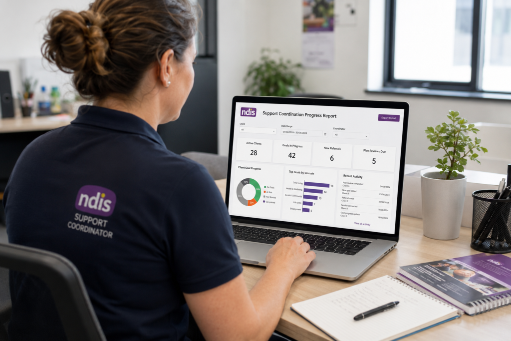 An independent support coordinator reviewing an ndis support coordination report on a computer