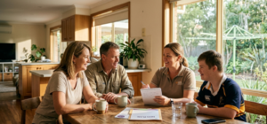 An Australian family discussing their new NDIS budget with a support worker.