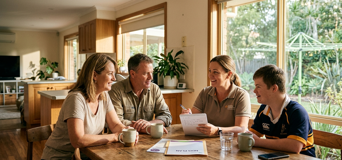 An Australian family discussing their new NDIS budget with a support worker.