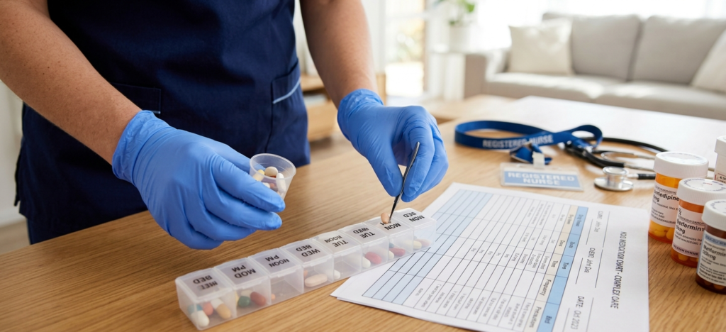 Hands of a nurse associate organizing NDIS medication management tools.
