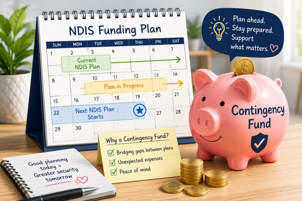 A planning calendar displaying NDIS funding periods and budget tracking milestones.