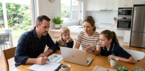 An Australian family managing their NDIS funding budget on a laptop at home.